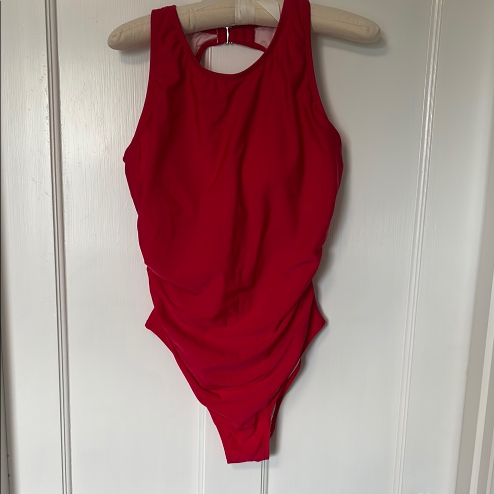 Cupshe Cherry Red One Piece Swimsuit High Neckline and Open Back